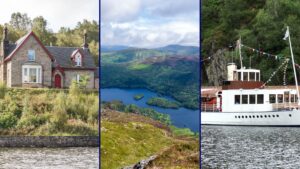 View over Loch Katrine from the surrounding hills, showing loch katrine history either side of the image