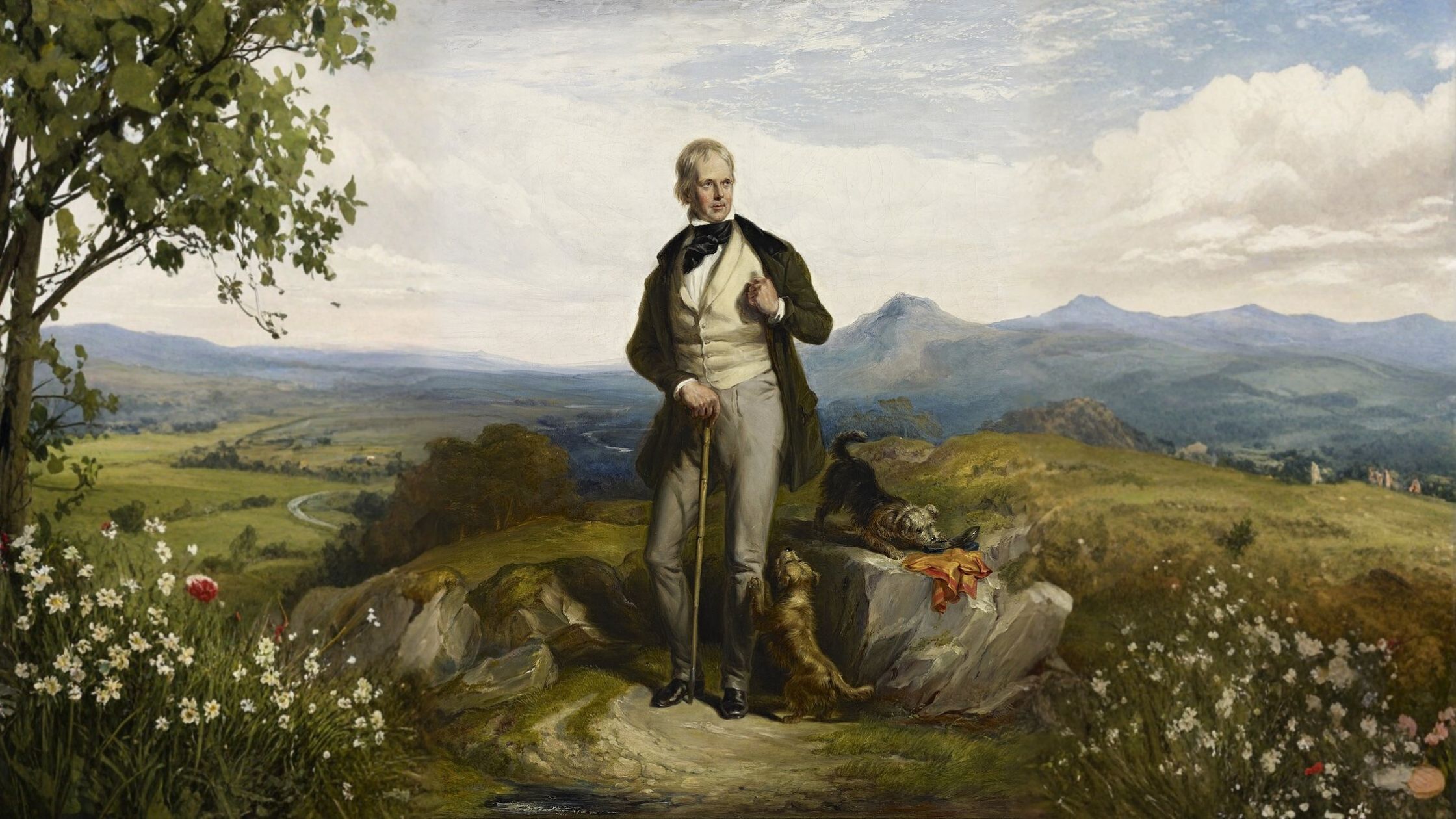 Historical painting of Sir Walter Scott standing on a Scottish hillside with his dogs