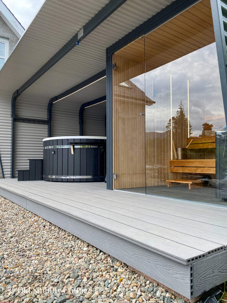 Wood fired sauna and hot tub at Old Smiddy Holiday Cottage Loch Katrine Scotland
