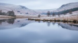 Winter shoreline detail at a Scottish Loch with calm water and stones