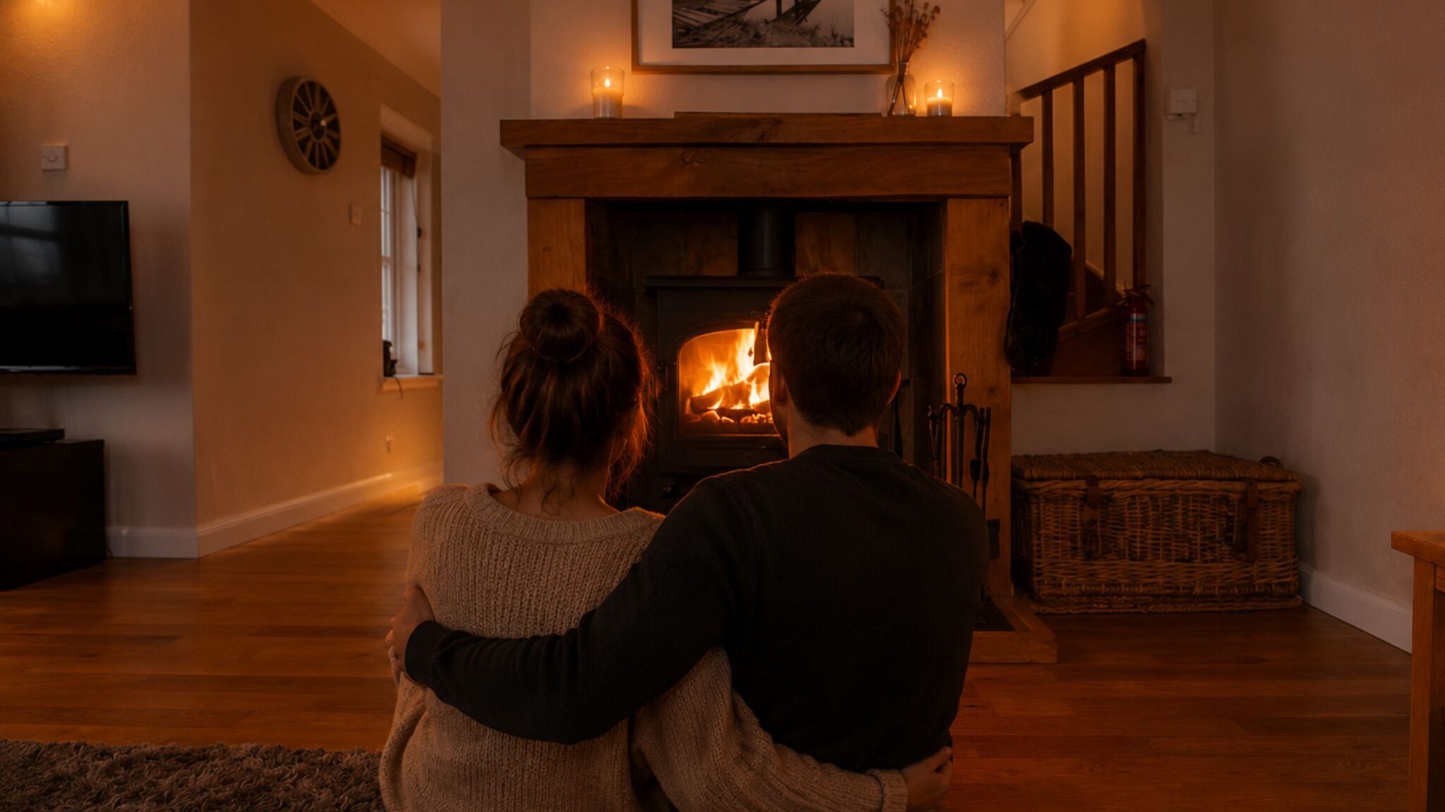 Couple relaxing beside a glowing log fire at Old Smiddy Cottage, perfect for romantic breaks in Scotland.