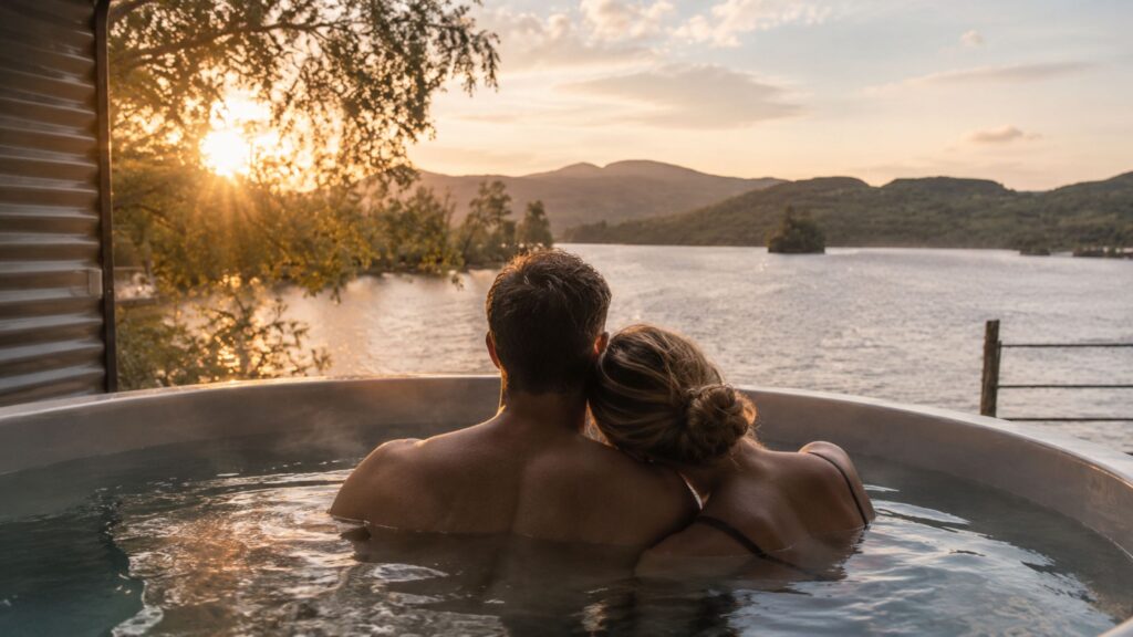Young couple relaxing in a private hot tub overlooking Loch Katrine at Old Smiddy Cottage, perfect for romantic breaks in Scotland.