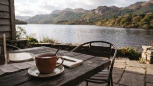 Outdoor cafe overlooking Loch Katrine in the Trossachs National Park Scotland