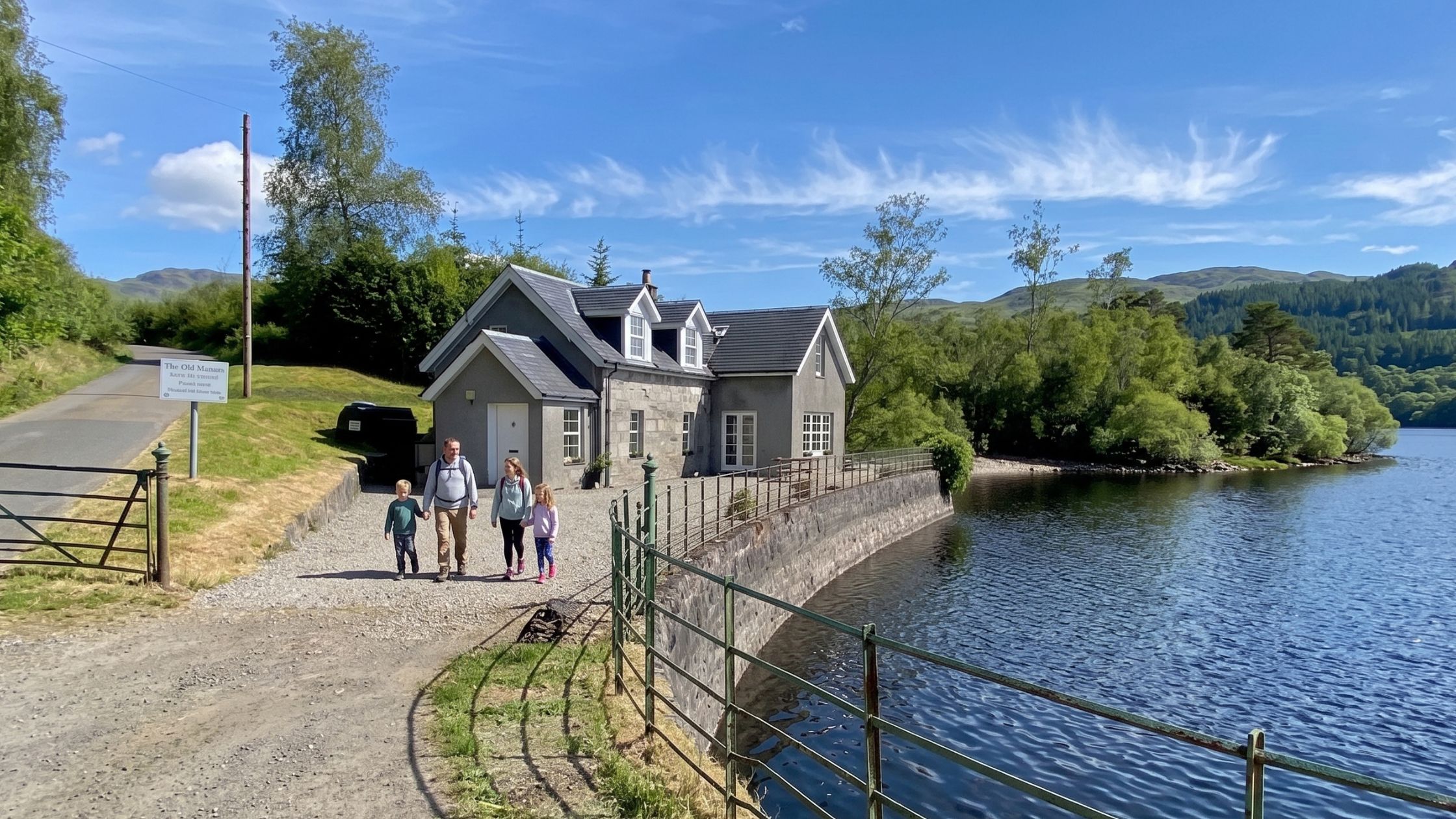 Old Smiddy Cottage exterior and gravel area, self-catering family holiday cottage on Loch Katrine
