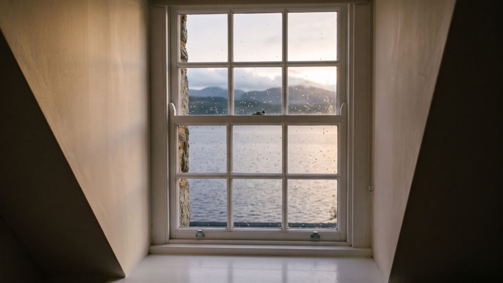 Evening light over Loch Katrine from a cottage window at dusk, when midges are most active