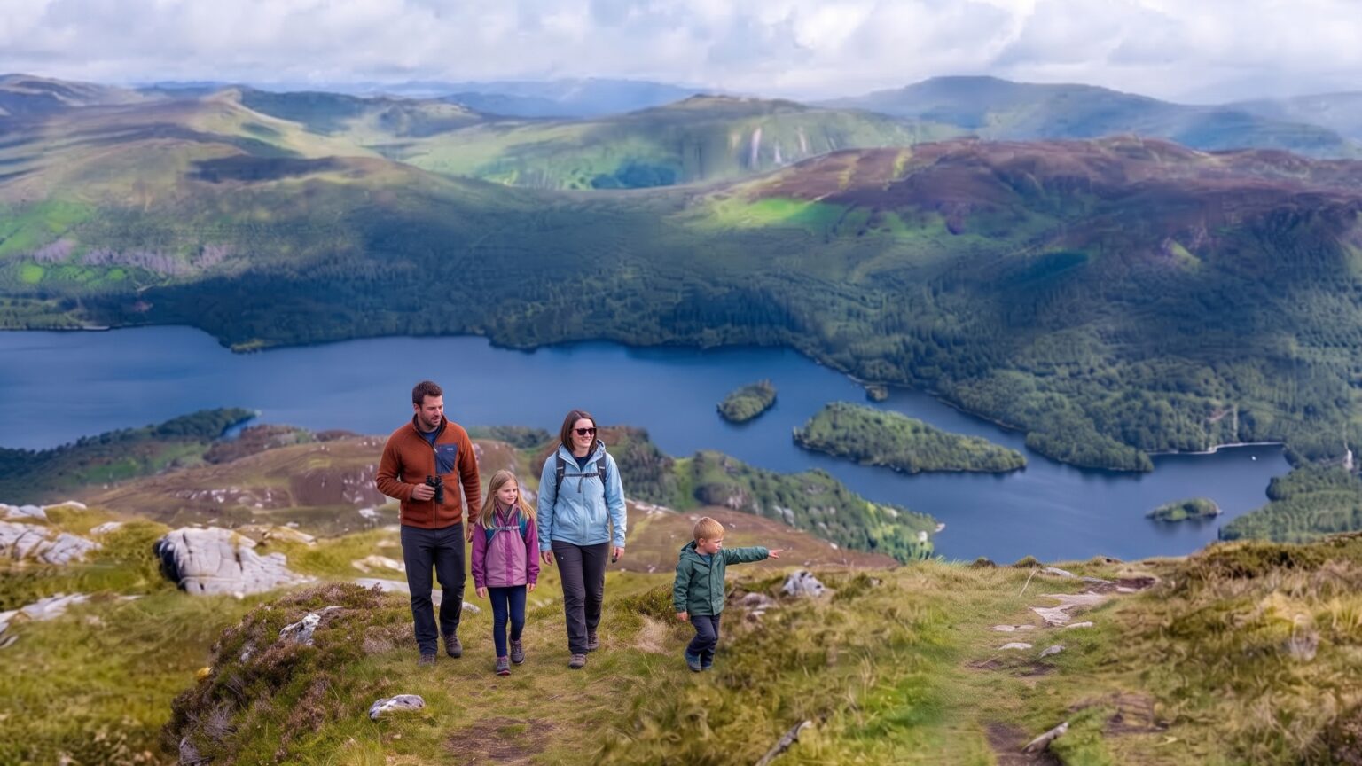 a family taking a walk on a nearby path from Old Smiddy cottage in Loch Katrine the perfect place for family cottage holiday in the trossachs