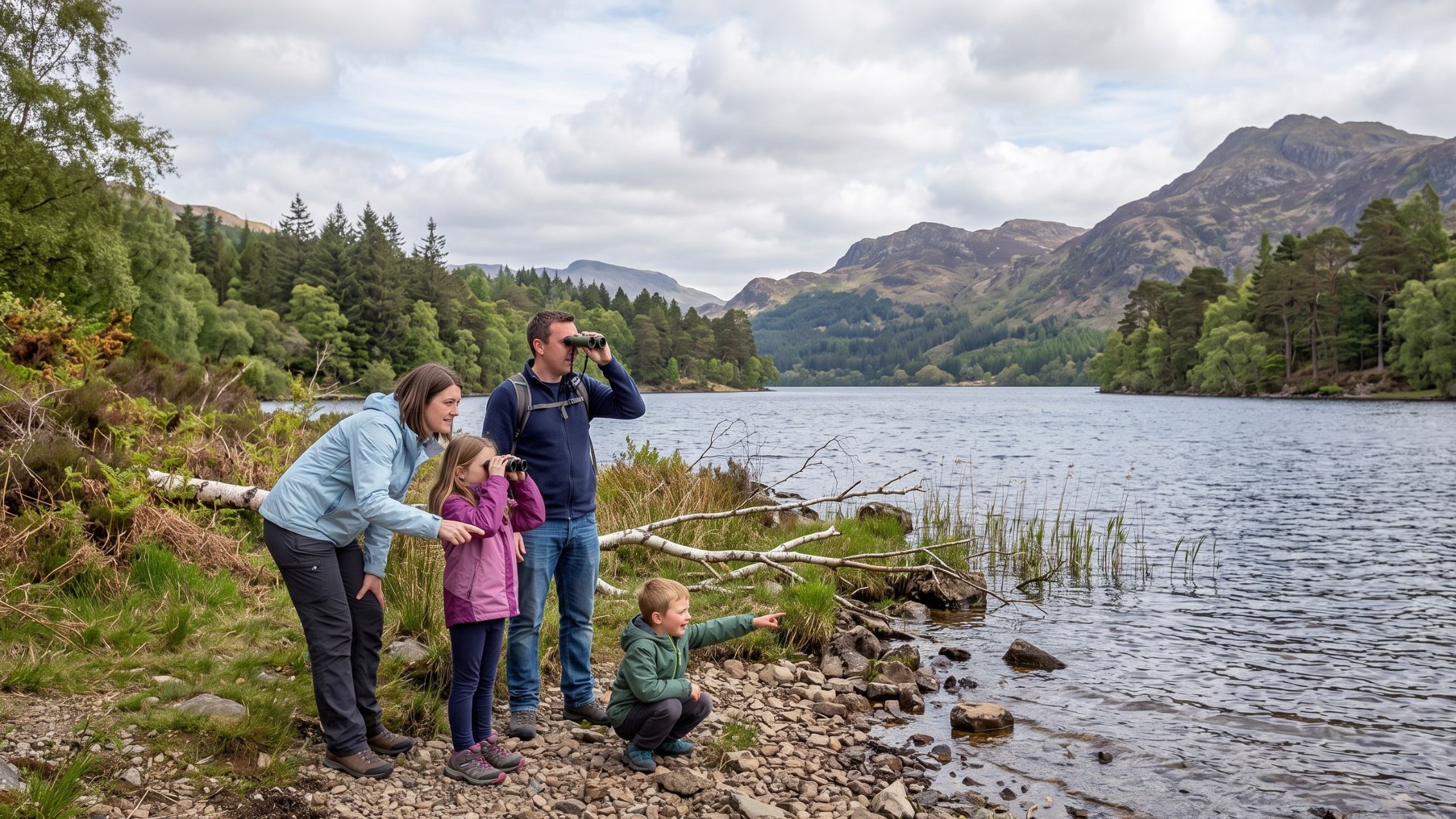 a family hunting for wildlife on a family holiday cottage trossachs stay