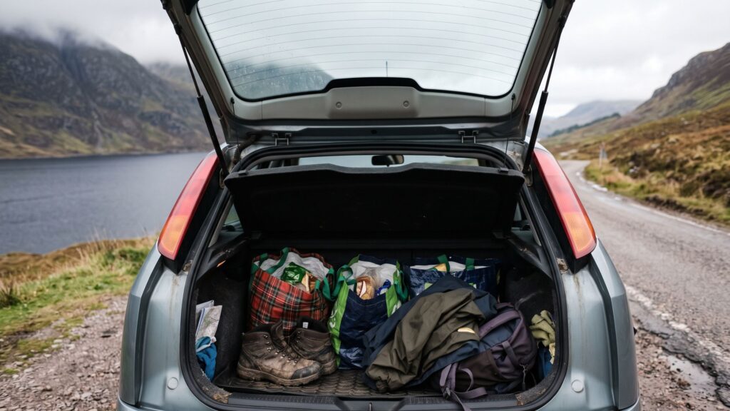 Car boot packed with groceries, walking boots and waterproofs on a single-track road near Loch Katrine