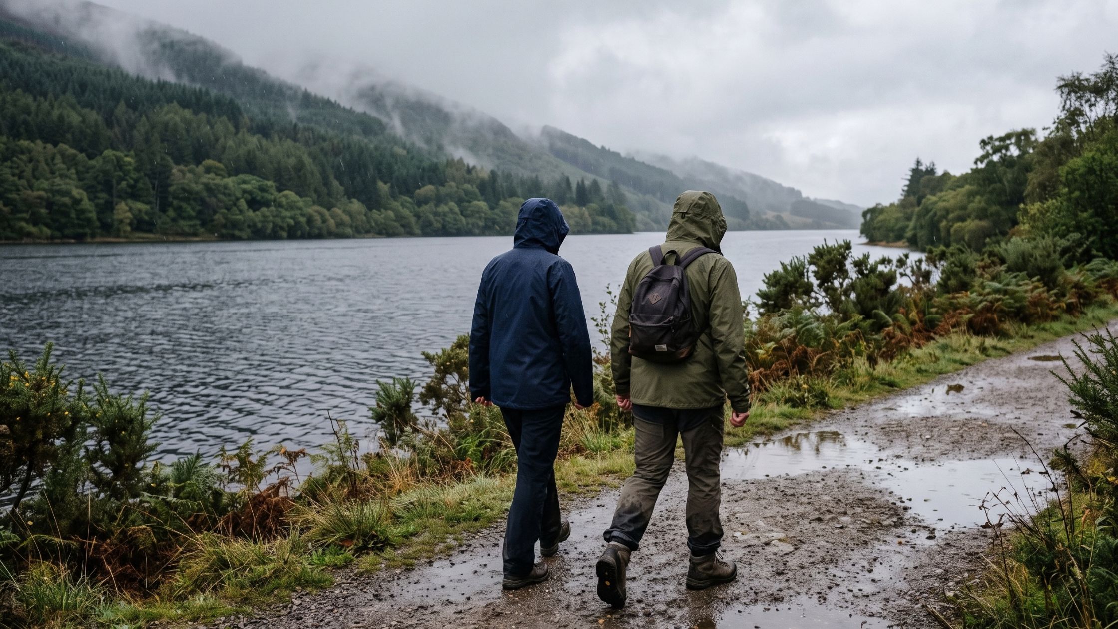 Guests in waterproof jackets on the Loch Katrine shore path, essential packing for a self-catering holiday in Scotland